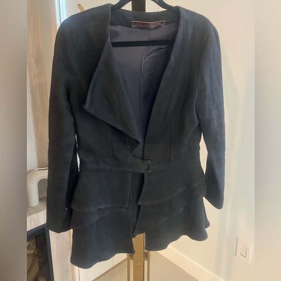 Society black linen blazer with ruffle detail - Picture 8 of 15